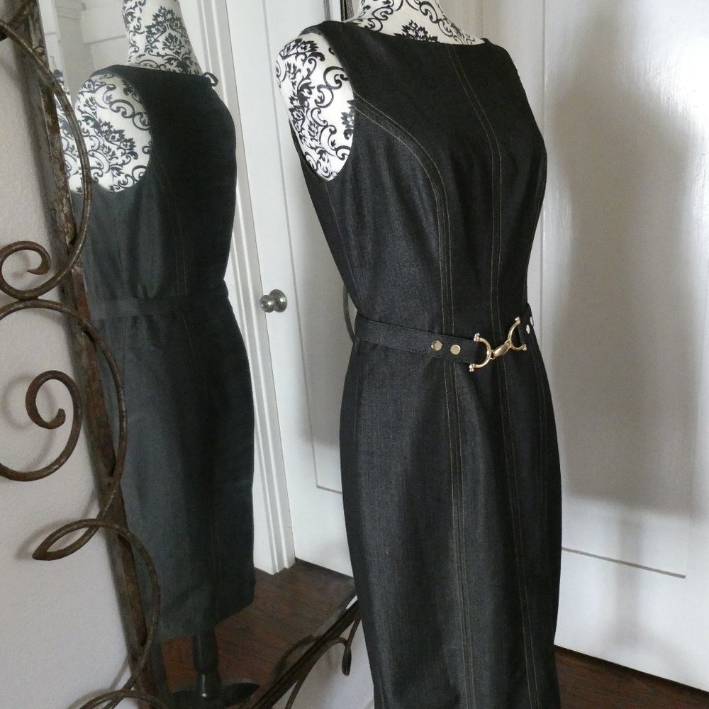 Cache Contour Black Denim Fitted Belted Dress